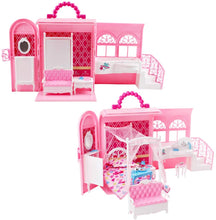 Load image into Gallery viewer, 2-in-1 Pink Portable Carry Case Handbag Dollhouse with Princess Deluxe Bedroom Furniture (Doll Not Included)Great Christmas Birthday Gift-DH-PB
