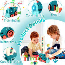 Load image into Gallery viewer, Automatic Domino Laying Electric Train Toy Set with 60Pcs Domino Blocks Sound and Light Kids Stacking Toys Game(Blue)-DOMT-B
