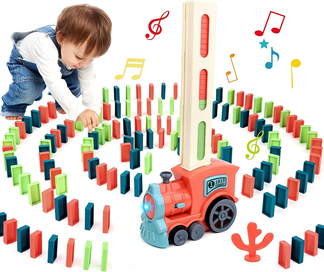 Automatic Domino Laying Electric Train Toy Set with 60Pcs Domino Blocks Sound and Light Kids Stacking Toys Domino Game for Kids (Pink)