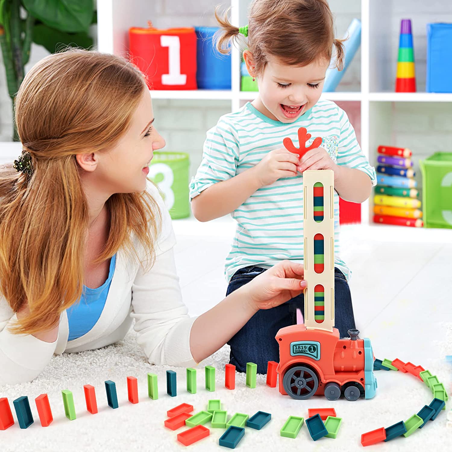 KIDSPLUS automatic domino stacker,Adorable and safe store music playing domino toy for babies