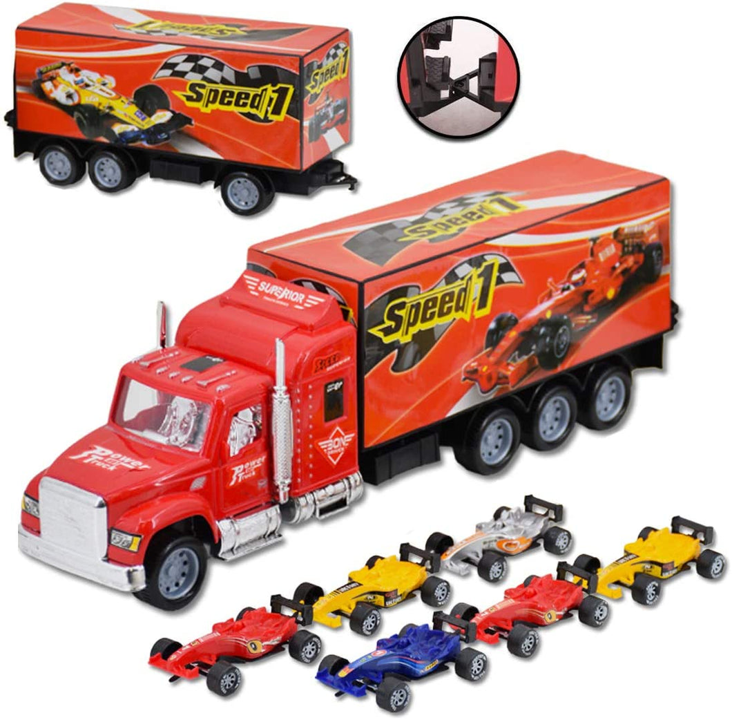 Large 1:32 Scale Trailer Truck Vehicle Play Set with 6 Assorted Race Cars-F1-HTR