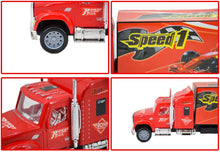 Load image into Gallery viewer, Large 1:32 Scale Trailer Truck Vehicle Play Set with 6 Assorted Race Cars-F1-HTR
