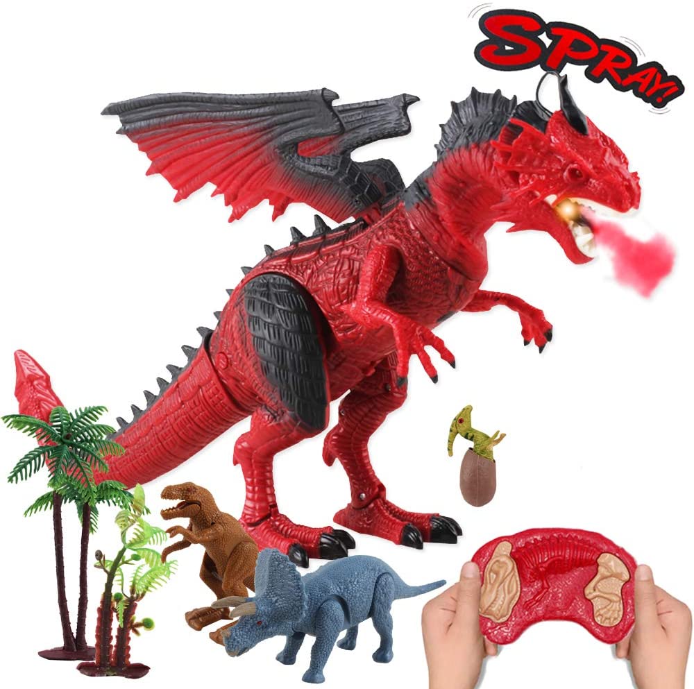 Remote Control Dinosaur Toy with Walking Simulated Roaring Fire Breathing Effect and Head-Shaking Functions for Kids 3 Mini Dino Figures Red-FD-R