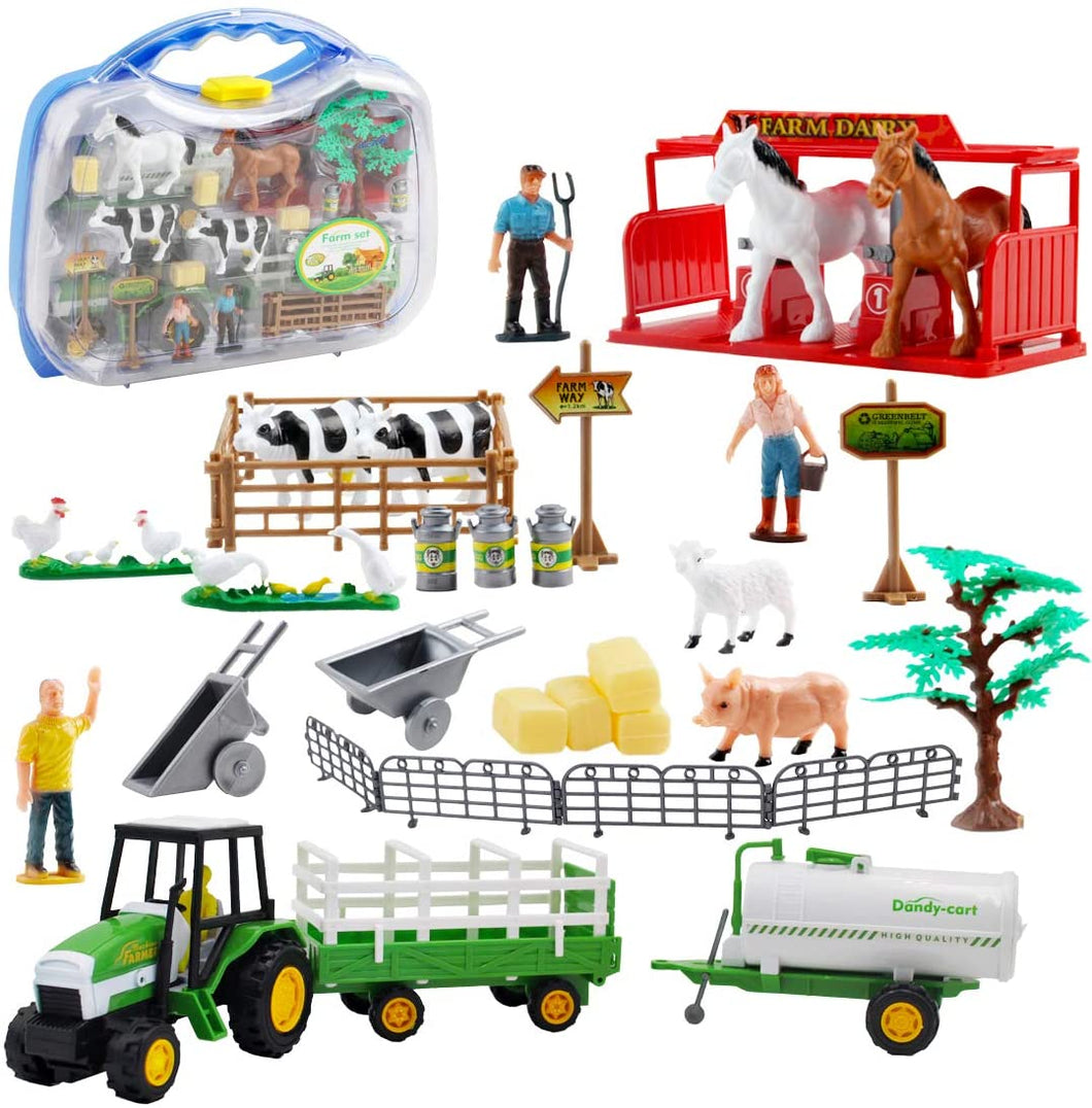 31 Piece Portable Farmyard Play Set with Farm Tractor Trailer Trucks Animal Figures Farmer Toys Birthday Christmas Gift for Children-FM2