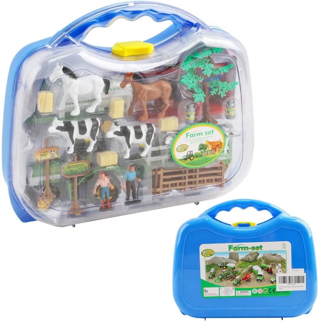 31 Piece Portable Farmyard Play Set with Farm Tractor Trailer Trucks A deaotoys