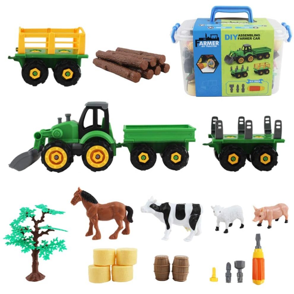 28 Pcs Farm Yard Play Set with DIY Take Apart Push Along Tractor and Trailers Educational Toys Great Birthday Christmas Gift -FM3
