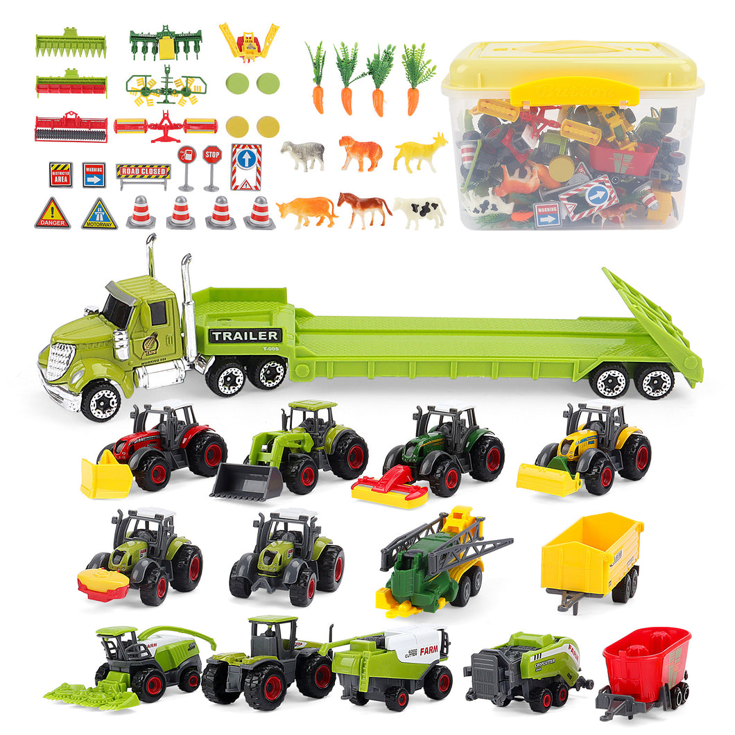 31 Pieces Die Cast Model Machinery DIY Farm Tractor Vehicle Carriage Trucks and Storage Box Toy Farm Animals Detachable Tractor for Kids-FM4