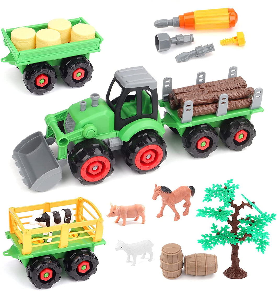 Farm Yard Fun Assembling and Disassembling Farm Vehicle Set of Tractor Trailers Construction Playset 28 Pieces Storage Box and Screwdriver-FM5