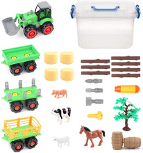 Load image into Gallery viewer, Farm Yard Fun Assembling and Disassembling Farm Vehicle Set of Tractor Trailers Construction Playset 28 Pieces Storage Box and Screwdriver-FM5
