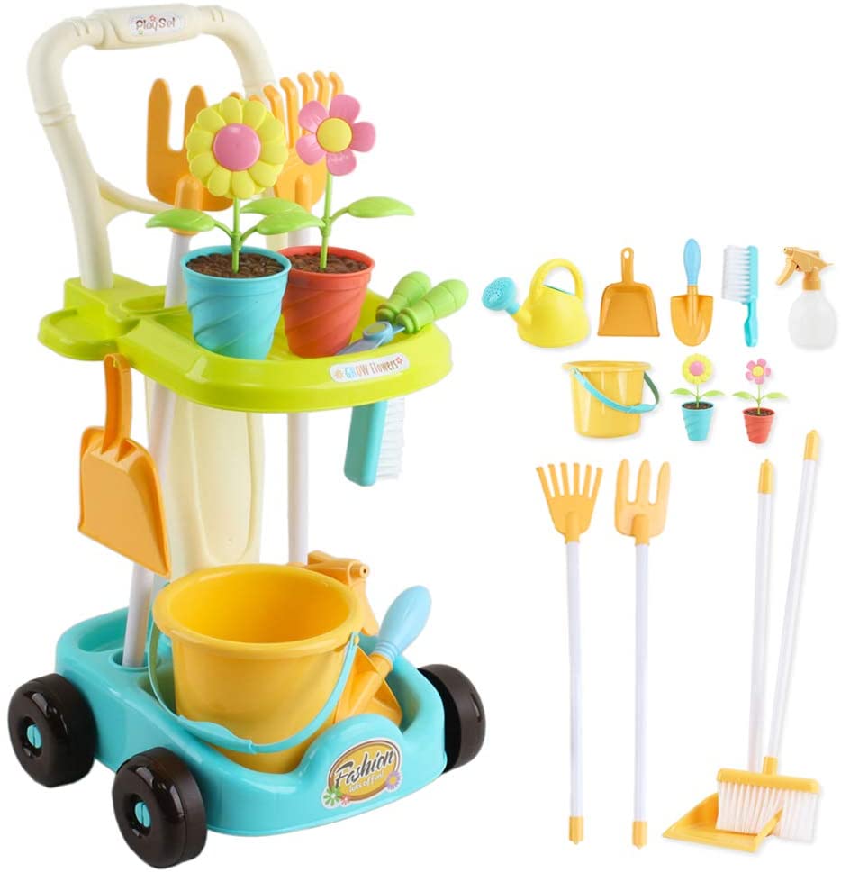 26 Pcs Gardening Tools and Trolley Play Set Rake Spade Watering Can Bucket Garden Fun Educational Toy Birthday Christmas Gift for Kids-FTAL-GRDN
