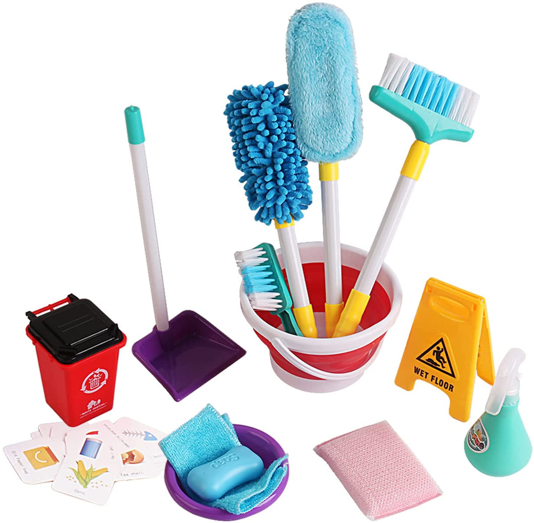 Household Cleaning Play Set with Broom, Bucket, Soap, Bin, Wet Floor Sign, Dustpan, Brush and Much More Included – Great Fun for Kids-HCPS