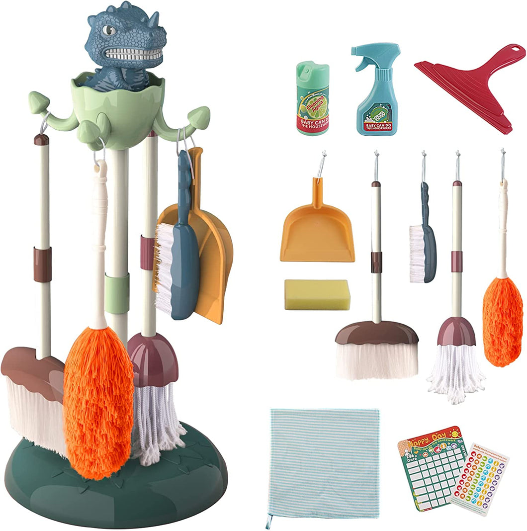 Household Cleaning Pretend Play Toy with Dinosaur Stand and Accessories Included (Blue)-HCS-B