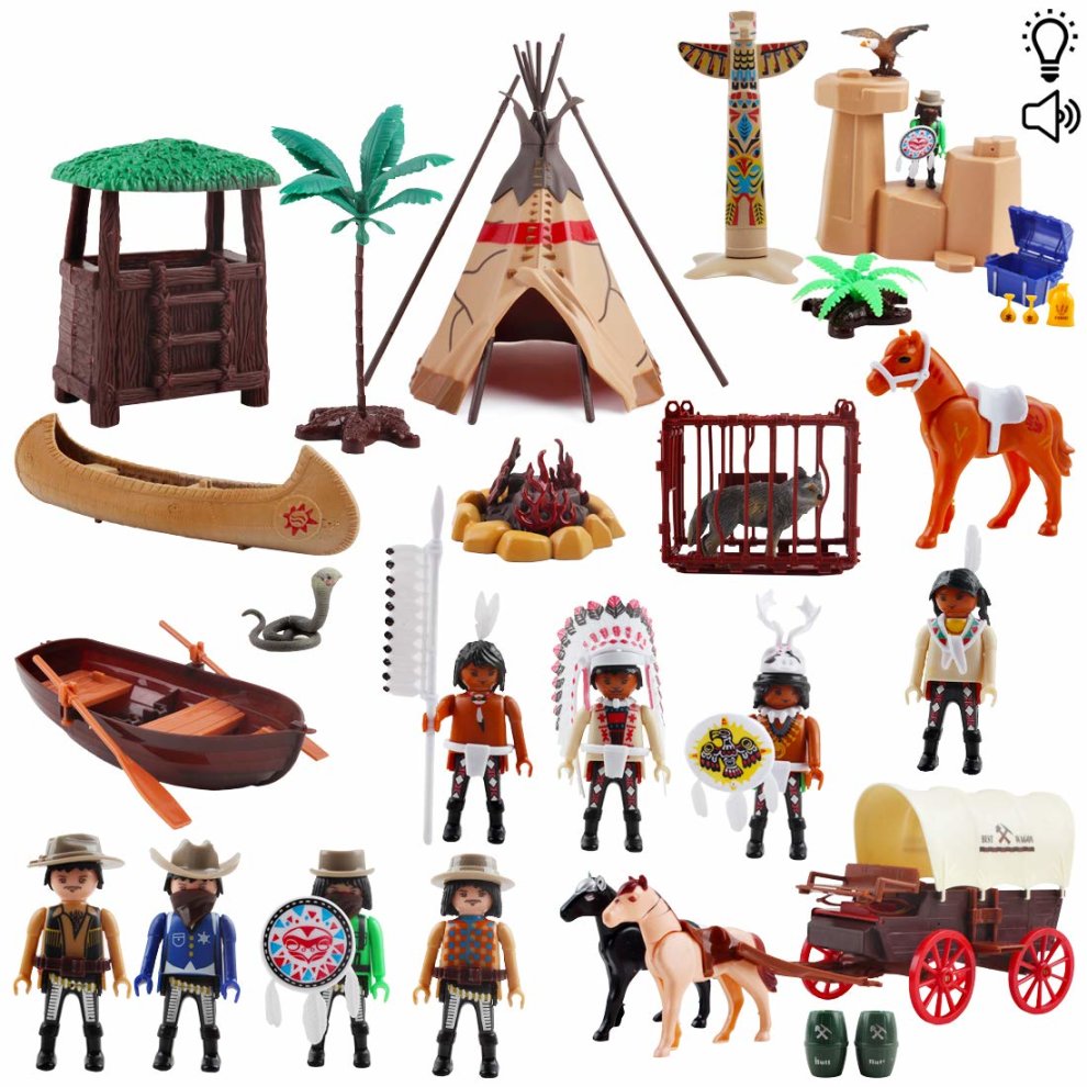 Deluxe Wild West Action Figures Play Set Including Horse Cart, Animals and Tipi with Light, Music and Variety of Accessories-ICP