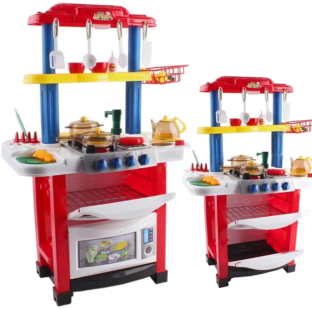 deAO My Happy Little Chef Kitchen 80 Pieces Pretend Play Set with  Multi-Functional Button Panel, Light, Sound, Real Steam Functions and  Colour