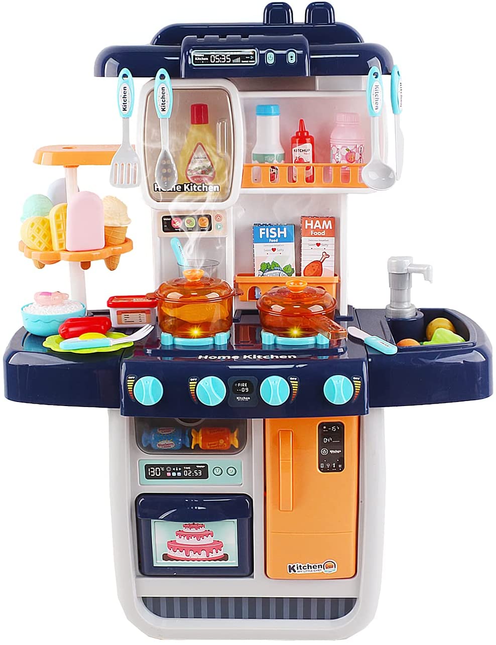 ‘My Little Chef’ Miniature Kitchen Play Set with 34 Accessories, Induction Hob, Water, Light and Sound Features (BLUE)-K3B