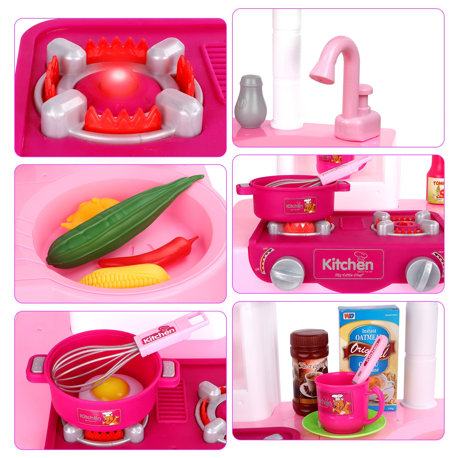 My Little Chef Kitchen Play Set with 30 Accessories Light and Sound Features Pink