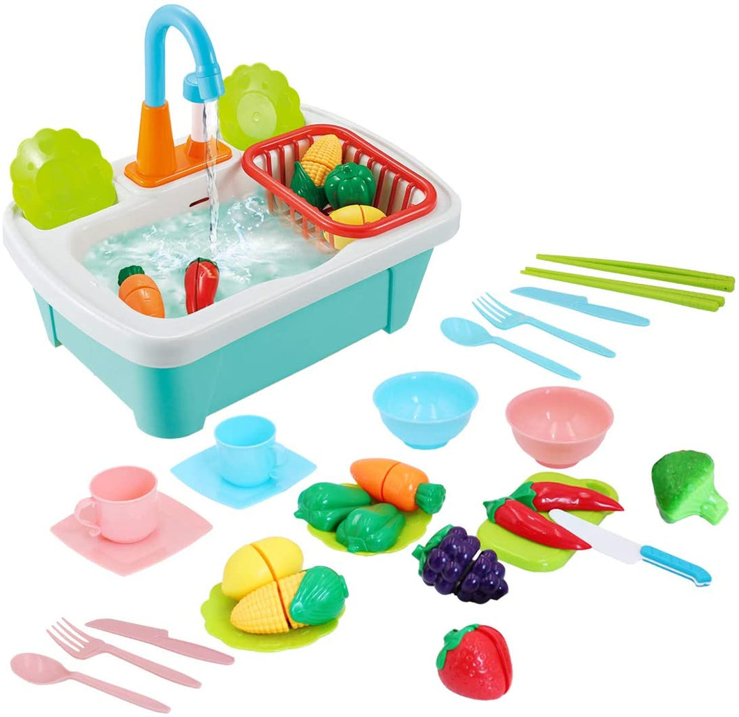 28pcs Pretend Wash-up Kitchen Sink Play Set Cutting Toys Kitchenware Water Faucet Drain Educational Toys Birthday Christmas Gift for Kids-KS-C