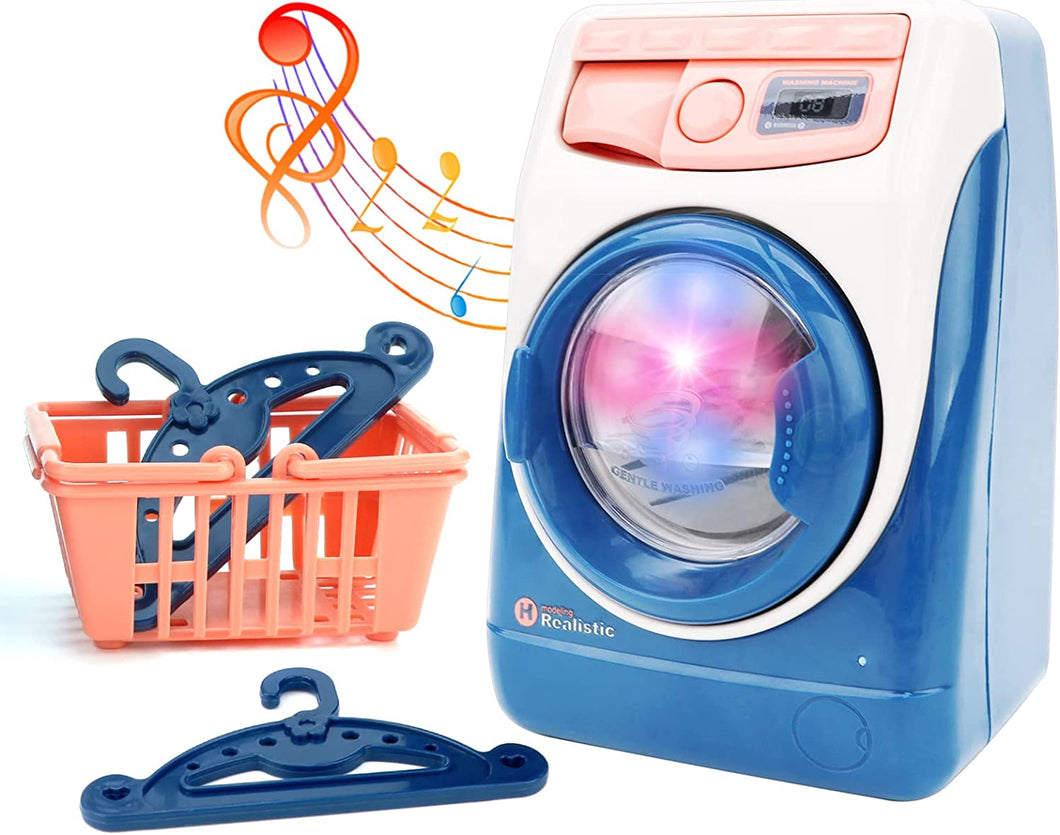 Mini Pretend Toy Washing Machine Laundry Toy Set Household Appliance Battery Powered Realistic Sounds With Lights With Hanger Basket-MCH