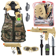 Load image into Gallery viewer, Military Soldier Camouflage Desert War Halloween Costume Role Play Set with Helmet Toy Shotgun Grenades Soldier Storage Backpack for Kids
