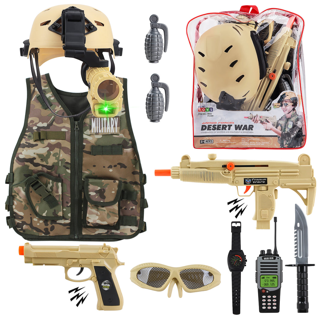 Military Soldier Camouflage Desert War Halloween Costume Role Play Set with Helmet Toy Shotgun Grenades Soldier Storage Backpack for Kids