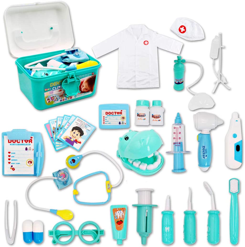 Kids Role Play Dentist Surgeon Vet Medical 30 Pcs Kit Light and Sound Electronic Stethoscope Lab Coat Cap Play Medical Equipment (Blue)-PDC-B
