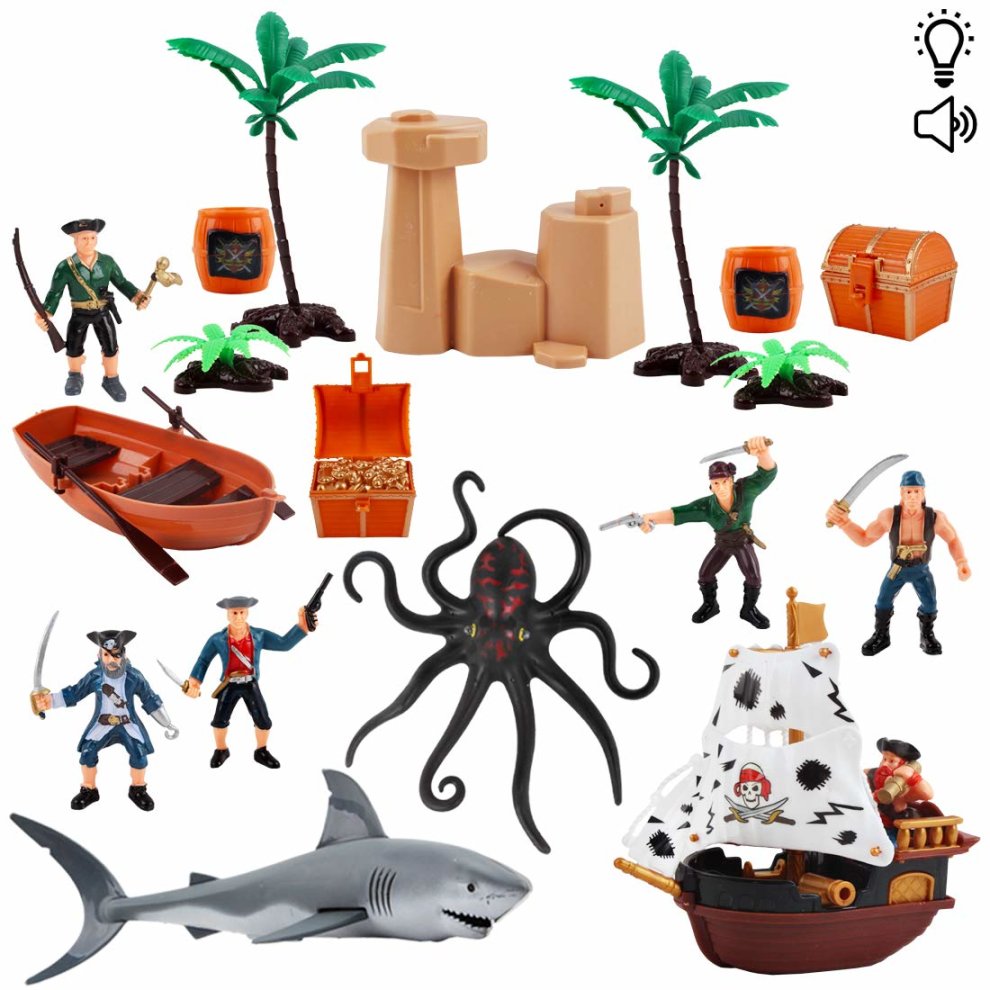 Pirate Action Figures Play Set with Boats Treasure Chest Cannons Pirate Ship and Sea Creatures - Educational Toys with Light Music-PIR