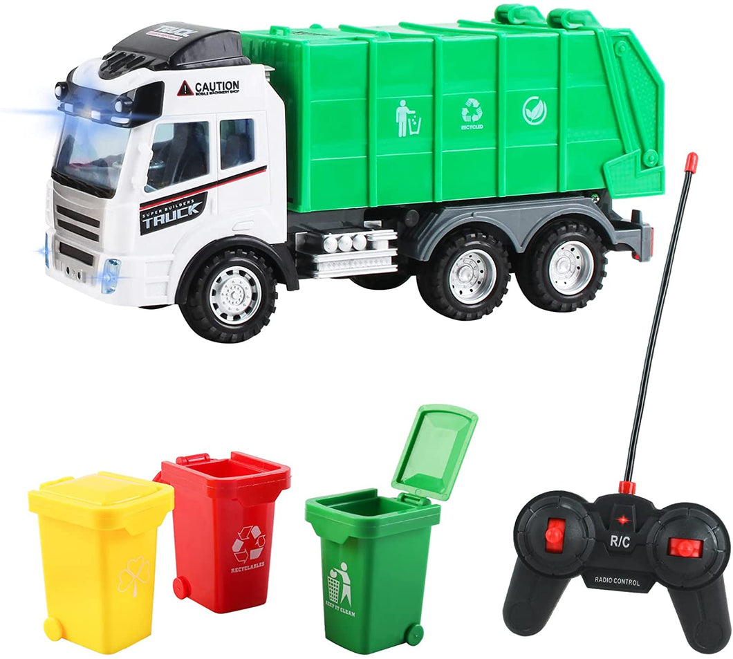 Remote Control Engineering Construction Garbage Truck Vehicle with Three Bins, Light and Sounds Functions Fun Educational Gift for Kids-RC-GT2