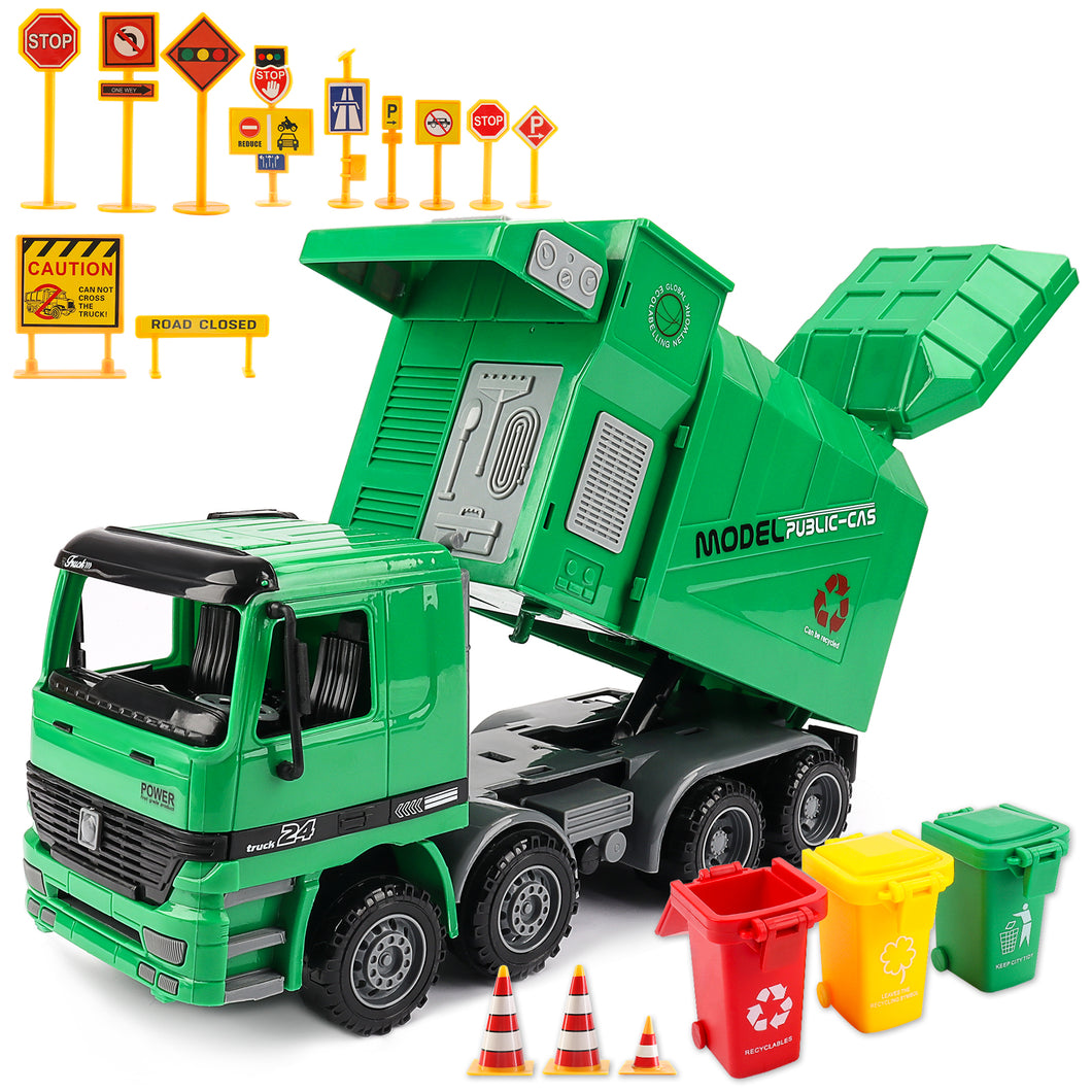 1:10 Scale Friction Powered Engineering Construction Garbage Truck Vehicle Three Bins Inertial Automatic Sensor–Educational Gift for Kids-RC-RY