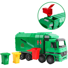 Load image into Gallery viewer, 1:10 Scale Friction Powered Engineering Construction Garbage Truck Vehicle Three Bins Inertial Automatic Sensor–Educational Gift for Kids
