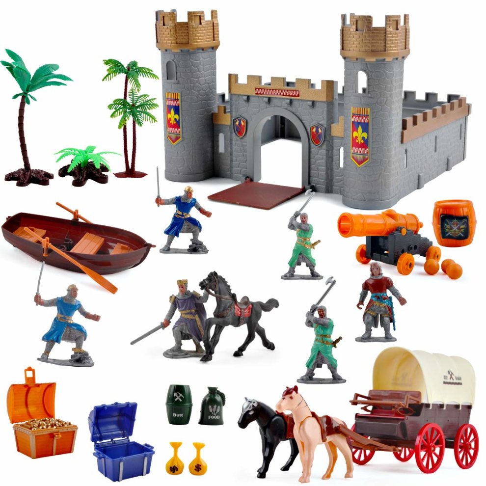 Medieval Knights Action Figure Toy Play Set Including Castle, Catapult and Horse-Drawn Carriage with Light, Music and Accessories