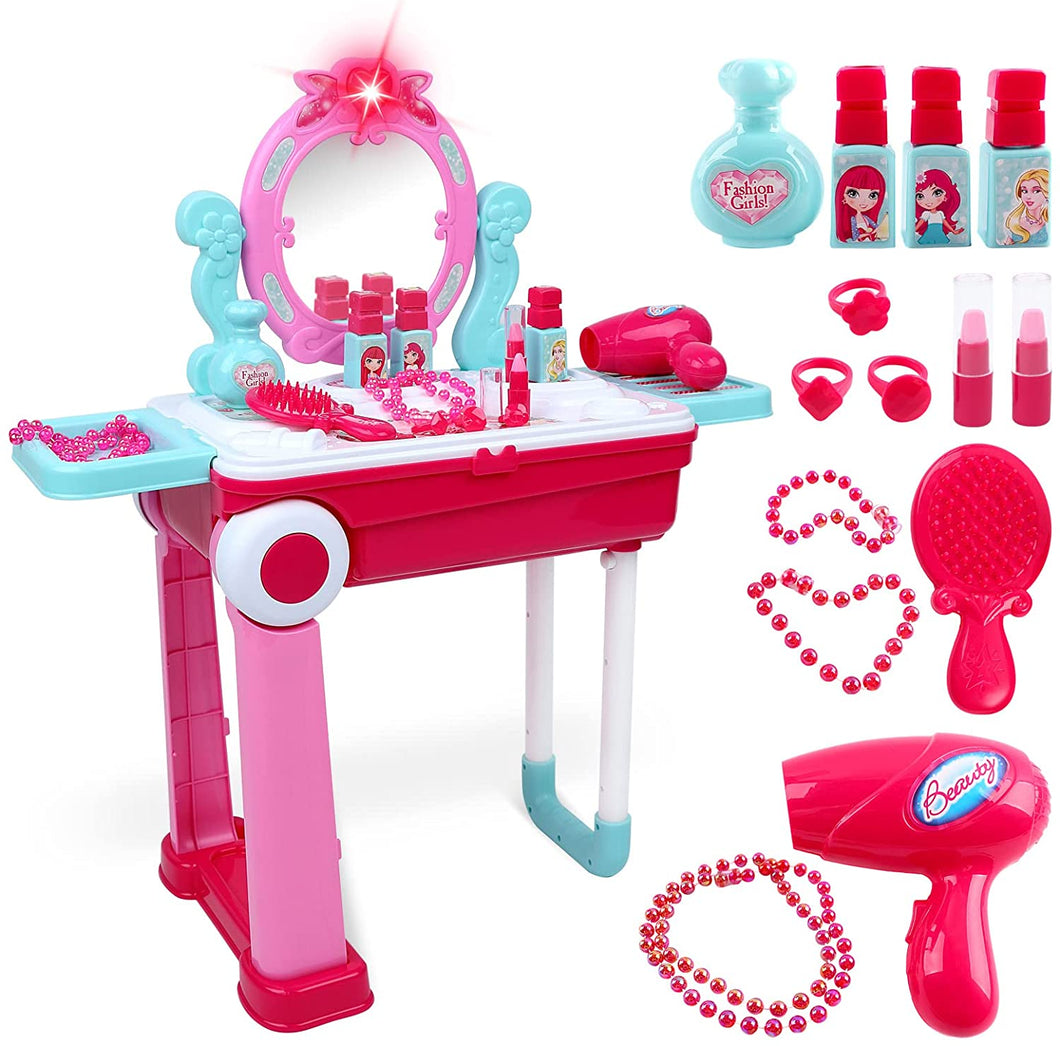 2-in-1 Portable Vanity Dressing Table and Convertible Suitcase Role Play Set Makeup Beauty Play Toys Great Birthday Christmas Gift for Kids-SC-DP