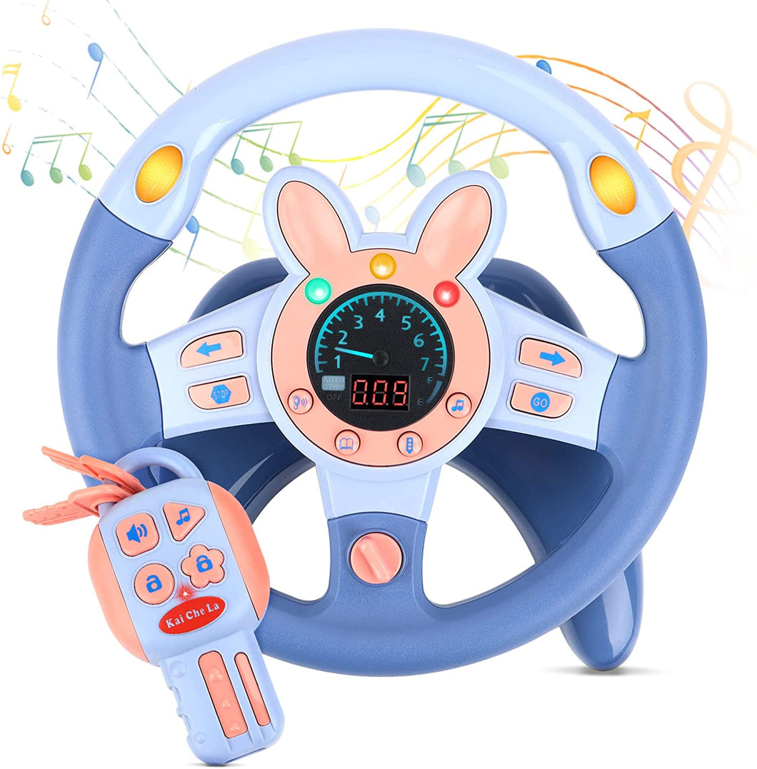 Steering Wheel for Car Backseat Pretend Driving Simulated Driving Steering Wheel Toy Light and Music Educational Gifts for Kids Blue-SE-T