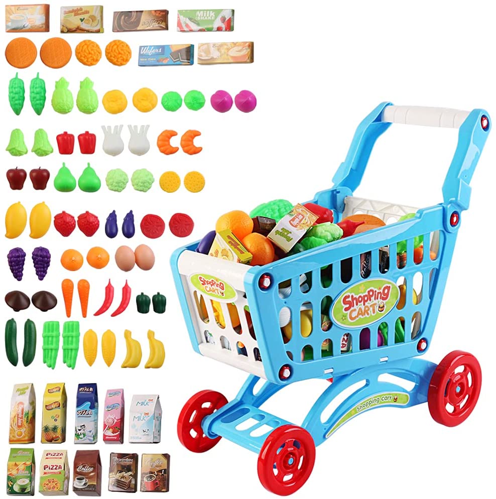 Shopping Cart Trolley for Children Play Set Includes 78 Grocery Food Fruit Vegetables Shop Accessories for Kids Boys and Girls (BLUE)-SPMT-B