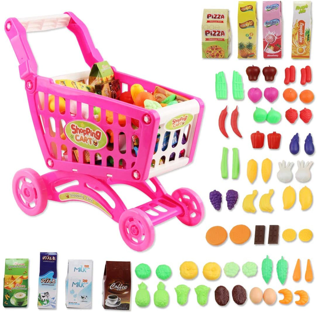 Shopping Cart Trolley for Children Play Set Includes 78 Grocery Food Fruit Vegetables Shop Accessories for Kids Boys and Girls (PINK)-SPMT-P
