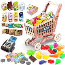 Load image into Gallery viewer, Kids Easy to Assemble Shopping Cart with Groceries, POS Machine, Plastic Money, Credit Cards and Shopping Cards - Red-SPMT-R
