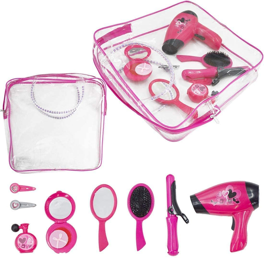 Hairdressing and Vanity Handbag Beauty Set Girls Styling Pretend Makeup and Hair Accessories Playset Including Hairdryer Toy and Curlers-STB-1