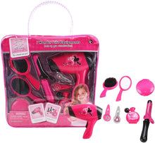 Load image into Gallery viewer, Hairdressing and Vanity Handbag Beauty Set Girls Styling Pretend Makeup and Hair Accessories Playset Including Hairdryer Toy and Curlers-STB-1
