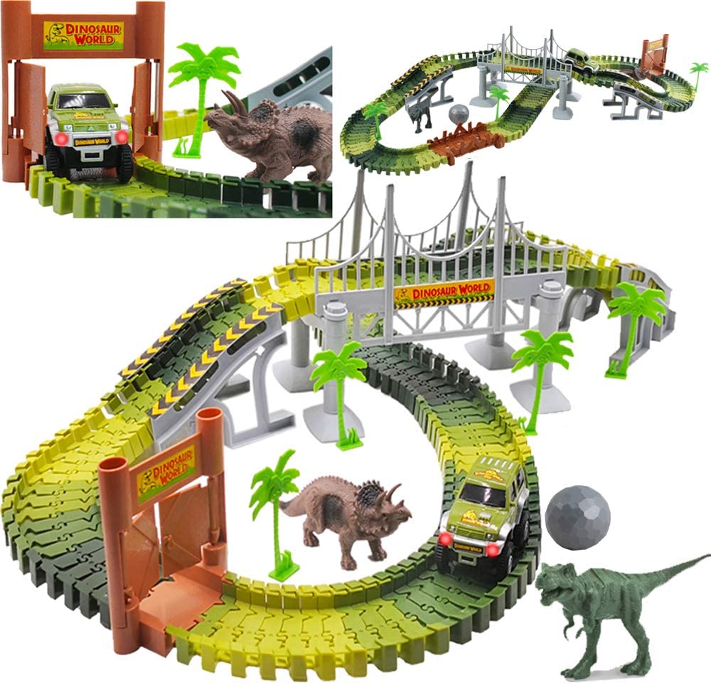 Slot Car Race Track Sets Dino World Flexible Race Track, Wooden Bridge, Ball & Car with Light Play Set-TC-D1