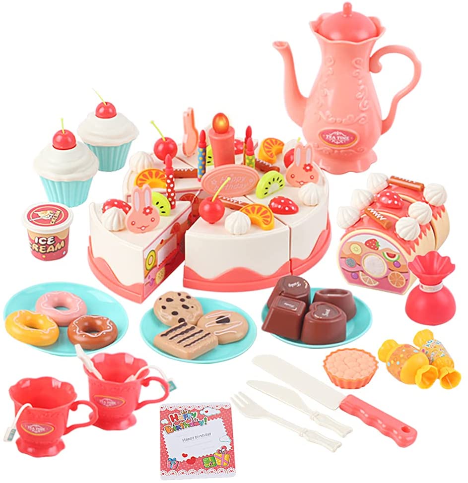Cutting and Decorating Birthday Cake Tea Party Play Set with Candle Light and Dessert and Cake Accessories Included-TS6-P