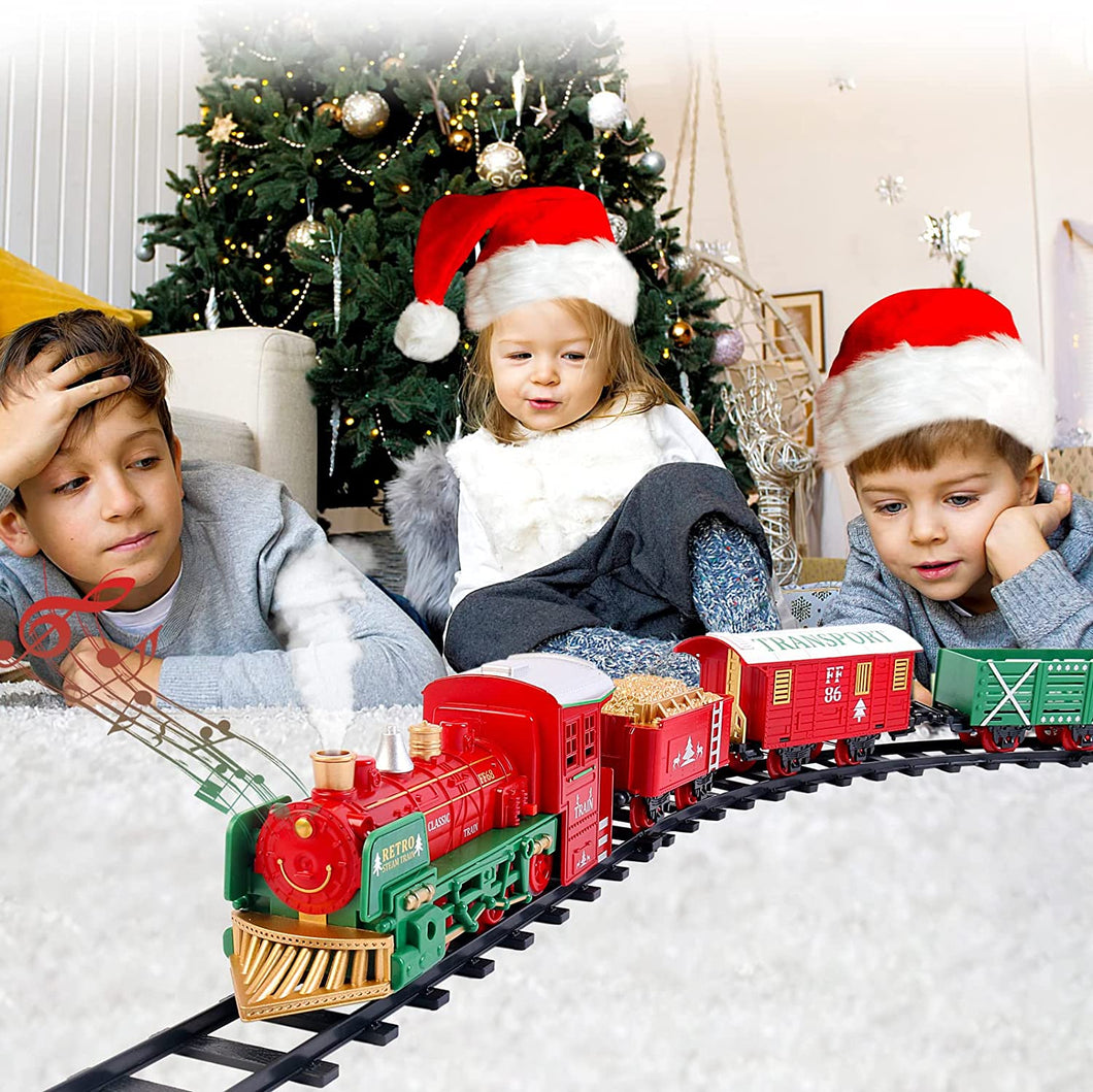 Christmas Theme Classic Train Set for Kids with Light Realistic Sounds, Smoke Effect 3 Cars carriage and Tracks For Christmas